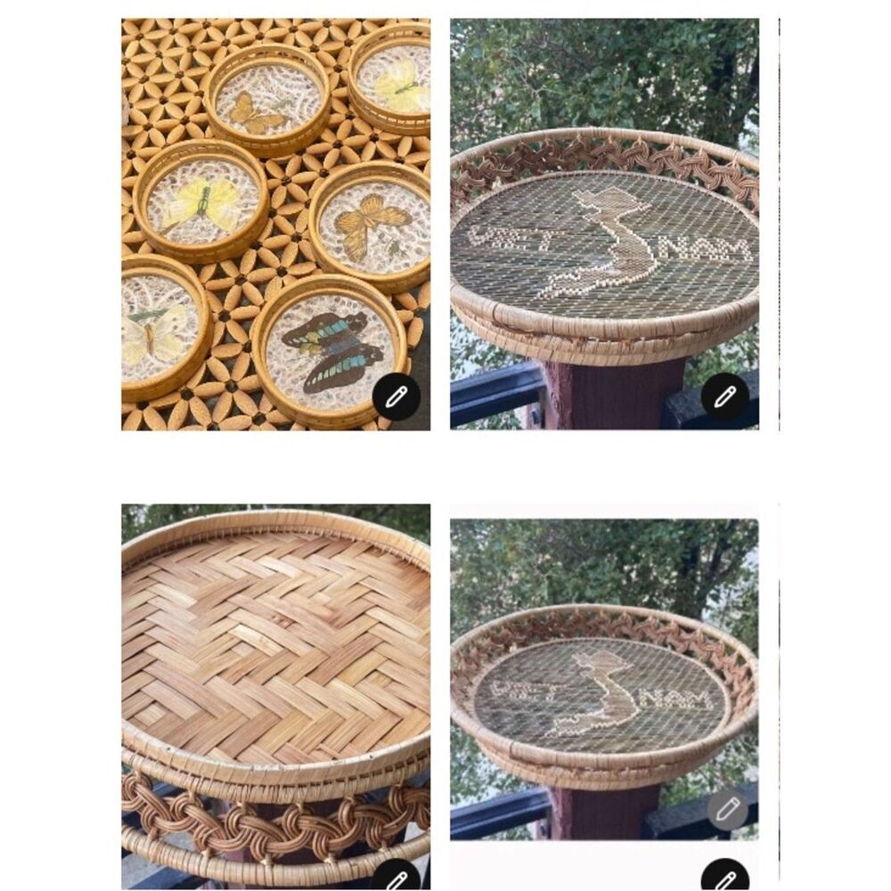 Vintage Bamboo Wicker Glass Real Handcrafted Butterfly Barware Coasters Set 7